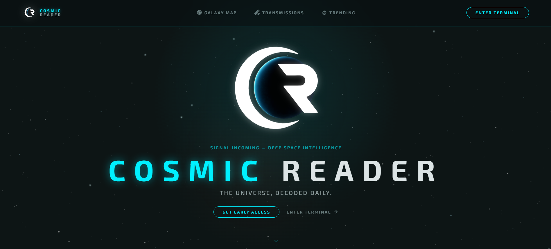Cosmic Reader landing page with logo, headline, and call to action