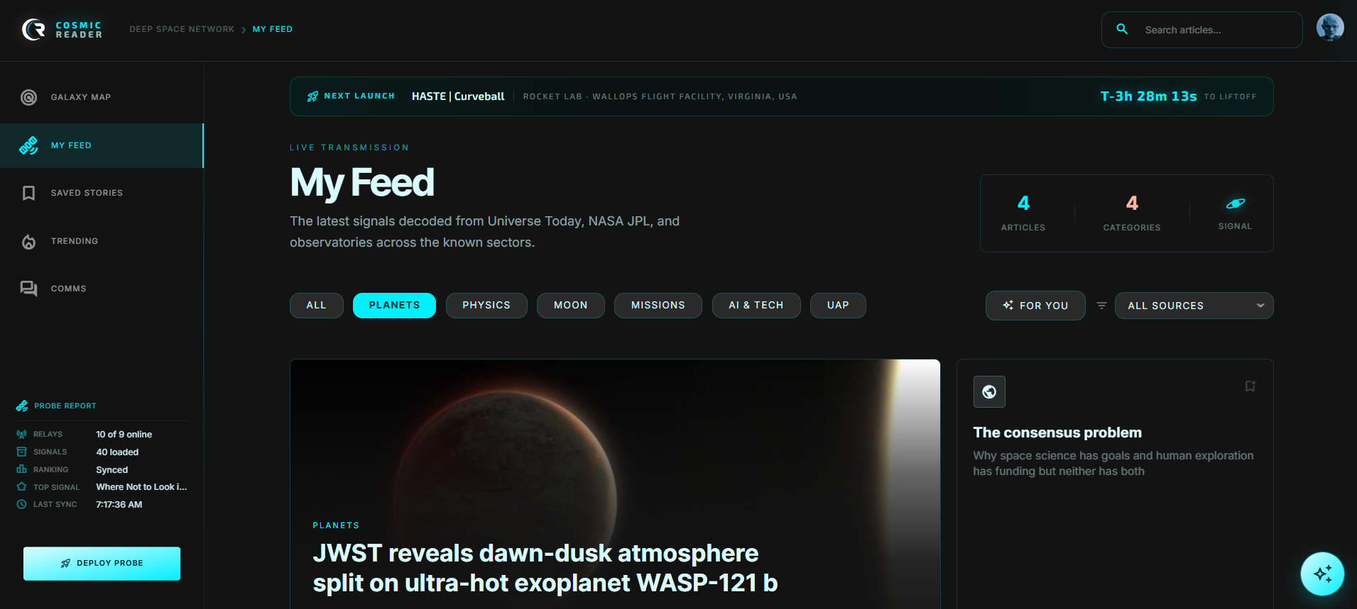 Cosmic Reader My Feed: live space news with sector filters